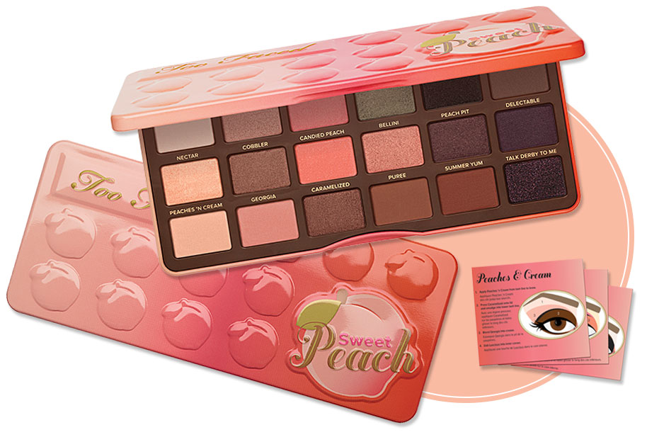 Too Faced Sweet Peach Eye Palette is propped open displaying its pinks, corals, bronzes and purple eyeshadows. Three looks from the Glamour Guide are next to it.